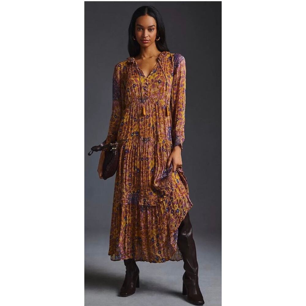 Anthropologie The Marais Printed Chiffon Tiered Maxi Dress, Medium Petite